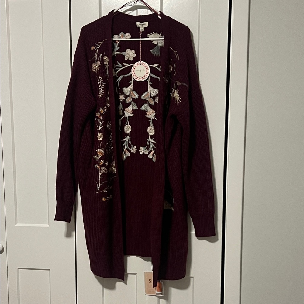 Umgee- Embroidered Burgundy Sweater Cardigan (M)